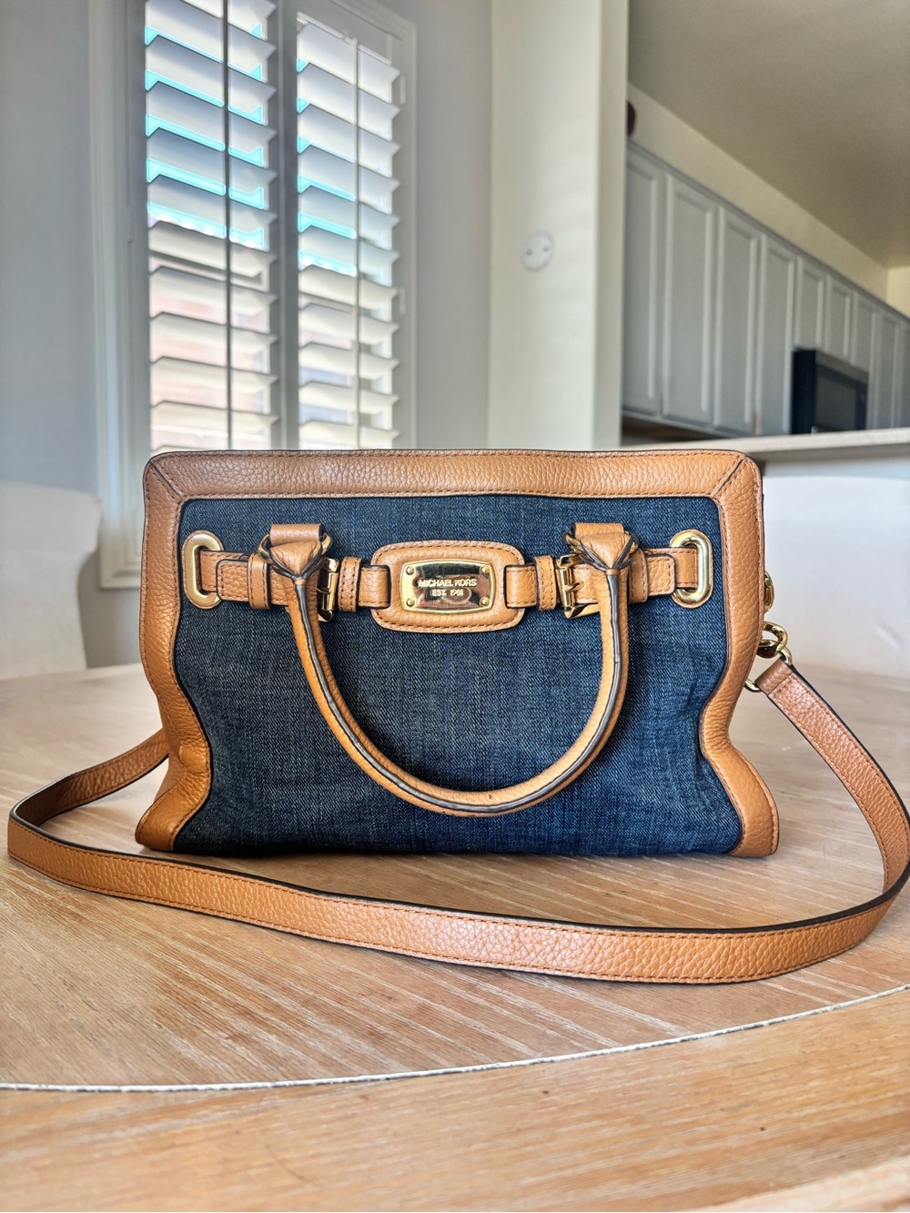 Michael Kors denim Hamilton Frame Out Denim bag leather trim